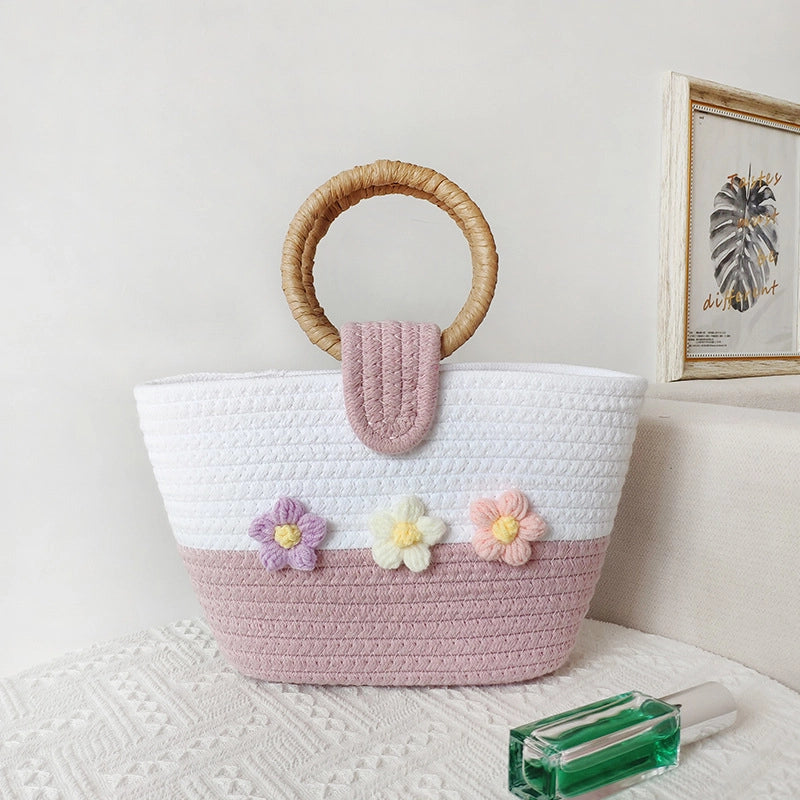 Women's Medium Cotton Color Block Flower Cute Weave Bucket Open Straw Bag