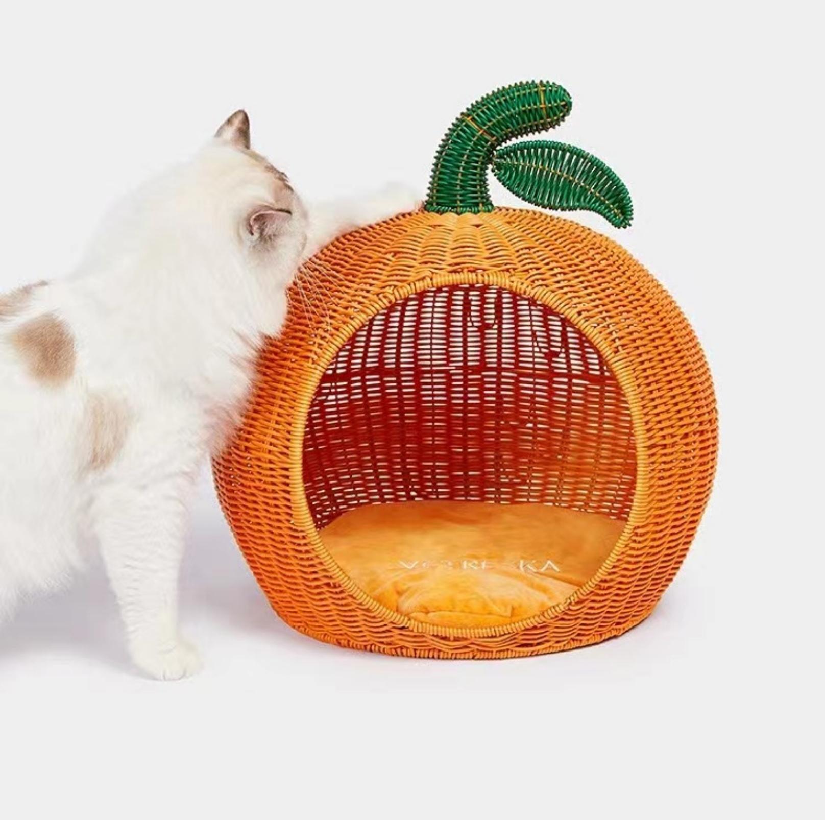 Fortune Orange Rattan Cat Bed With Removable Thick Pad For All Seasons