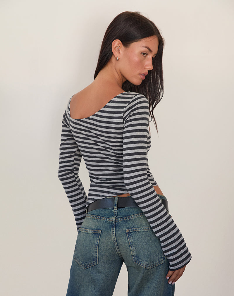 Dalene Asymetric Long Sleeve Top in Grey and Black Stripe