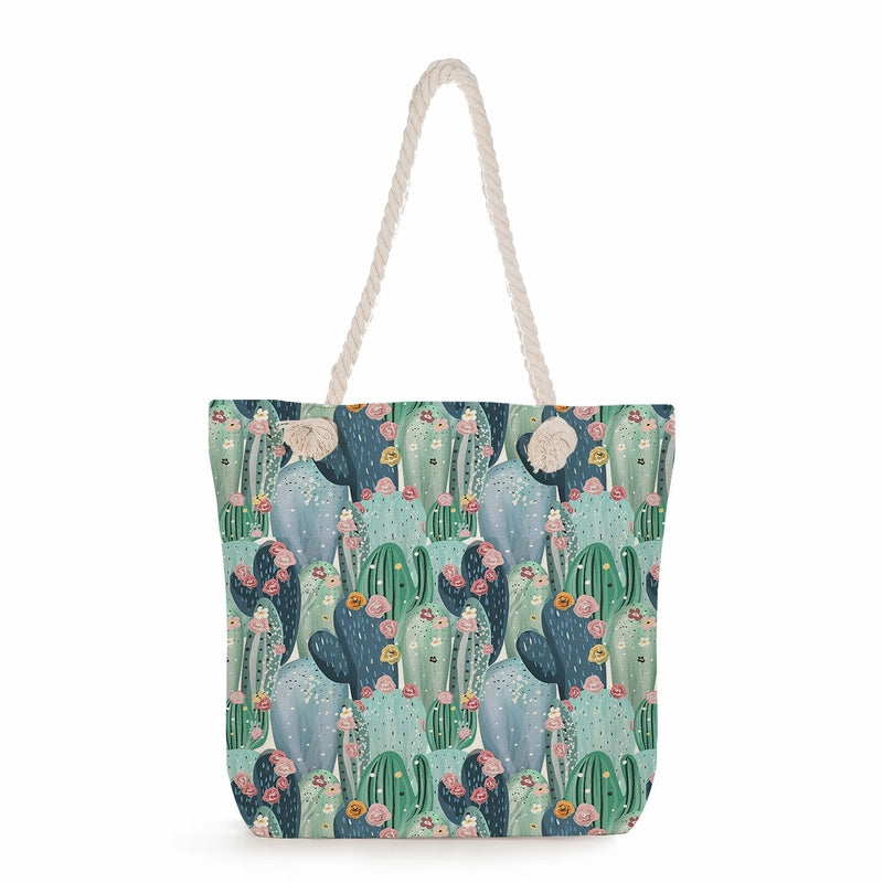 Women's Medium Linen Cactus Vacation Classic Style Square Zipper Tote Bag Beach Bag