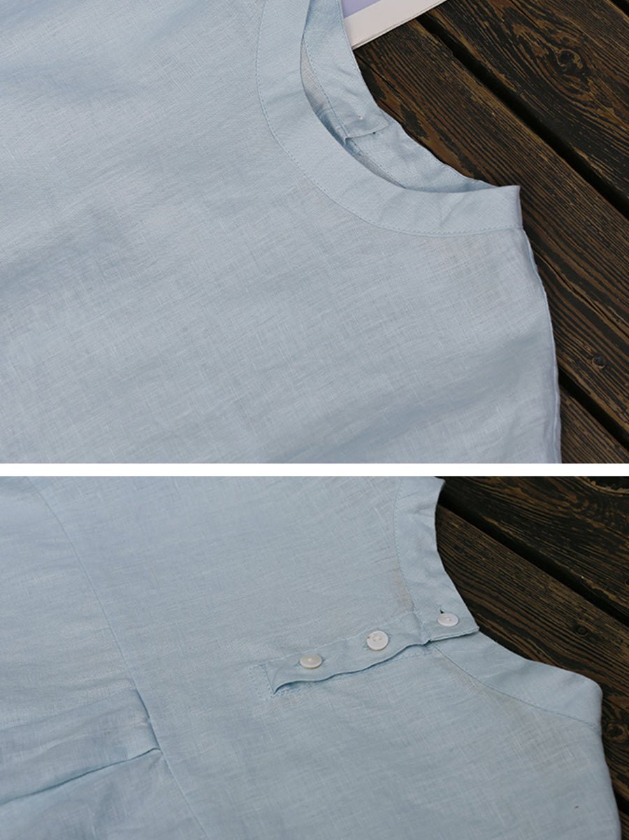 Women Summer Artsy Pure Color 100%Linen O-Neck Shirt