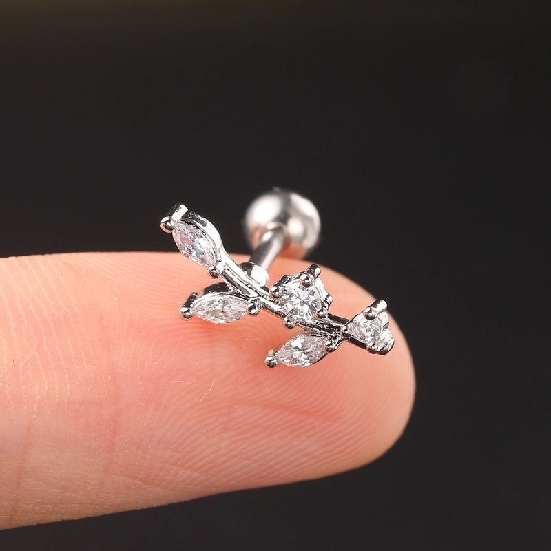 1 Piece Minimalist Leaf Inlay Copper Zircon Ear Studs