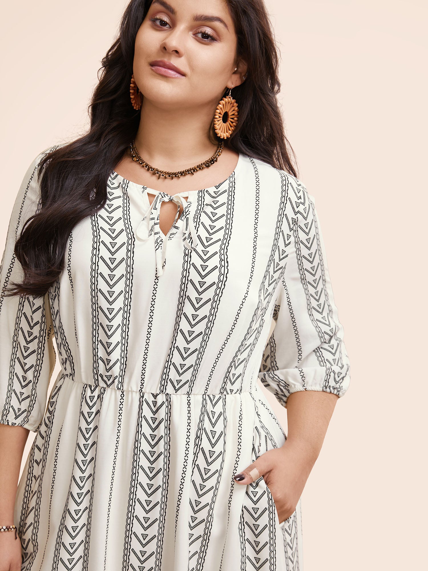 Boho Print Tie Knot Lantern Sleeve Dress