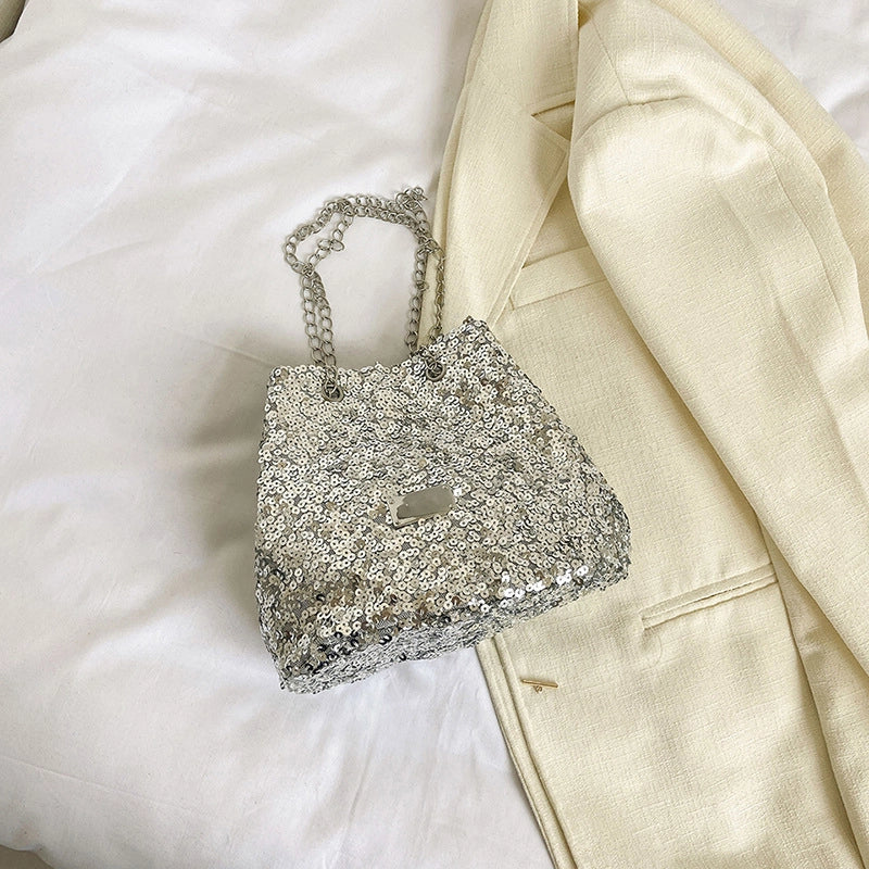 Women's Medium Sequin Solid Color Streetwear Bucket String Bucket Bag