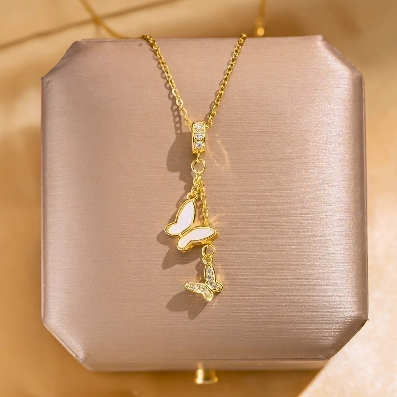 Elegant Lady Streetwear Geometric Flower Butterfly 304 Stainless Steel Acrylic Zircon 18K Gold Plated Inlay Pendant Necklace