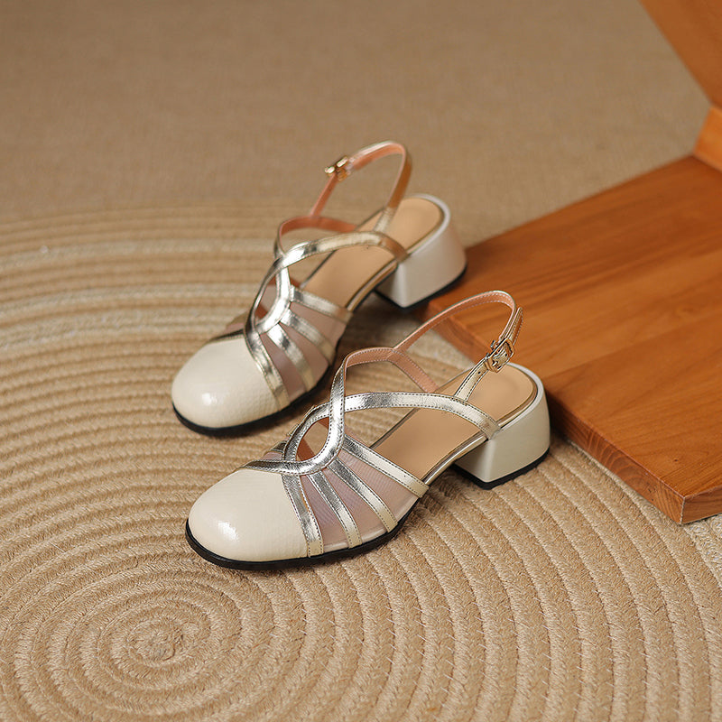 Elegant Colorblock Sandals Patent Leather & Metallic Cowhide Cross-Strap Slingback Dress Shoes in Black/Beige