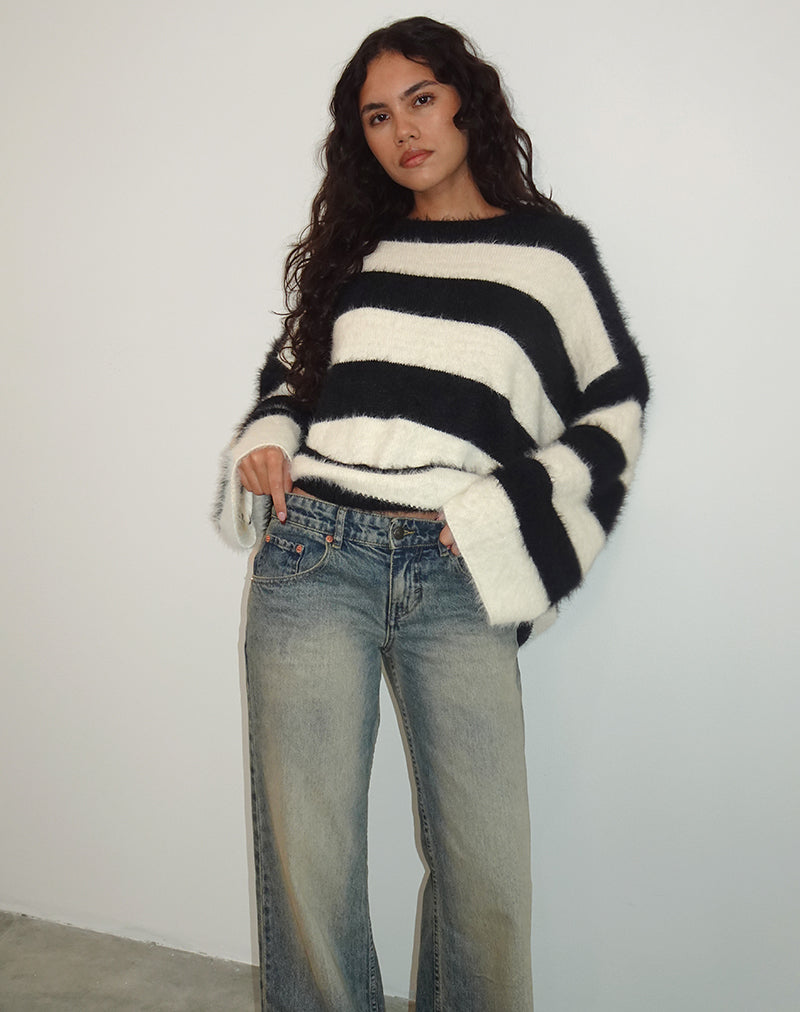 Daya Fluffy Jumper in Ivory and Black Stripe