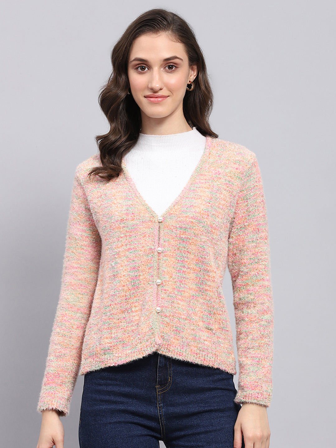 Women Pink Self Design V Neck Full Sleeve Cardigan