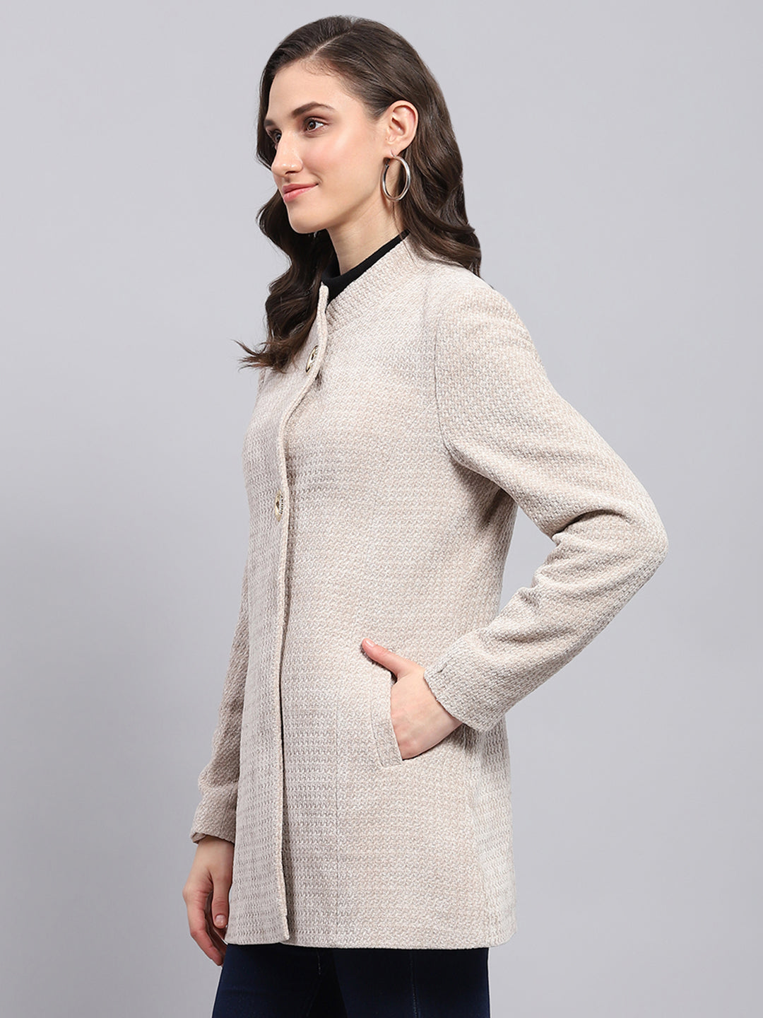 Women Beige Self Design Round Neck Full Sleeve Coat