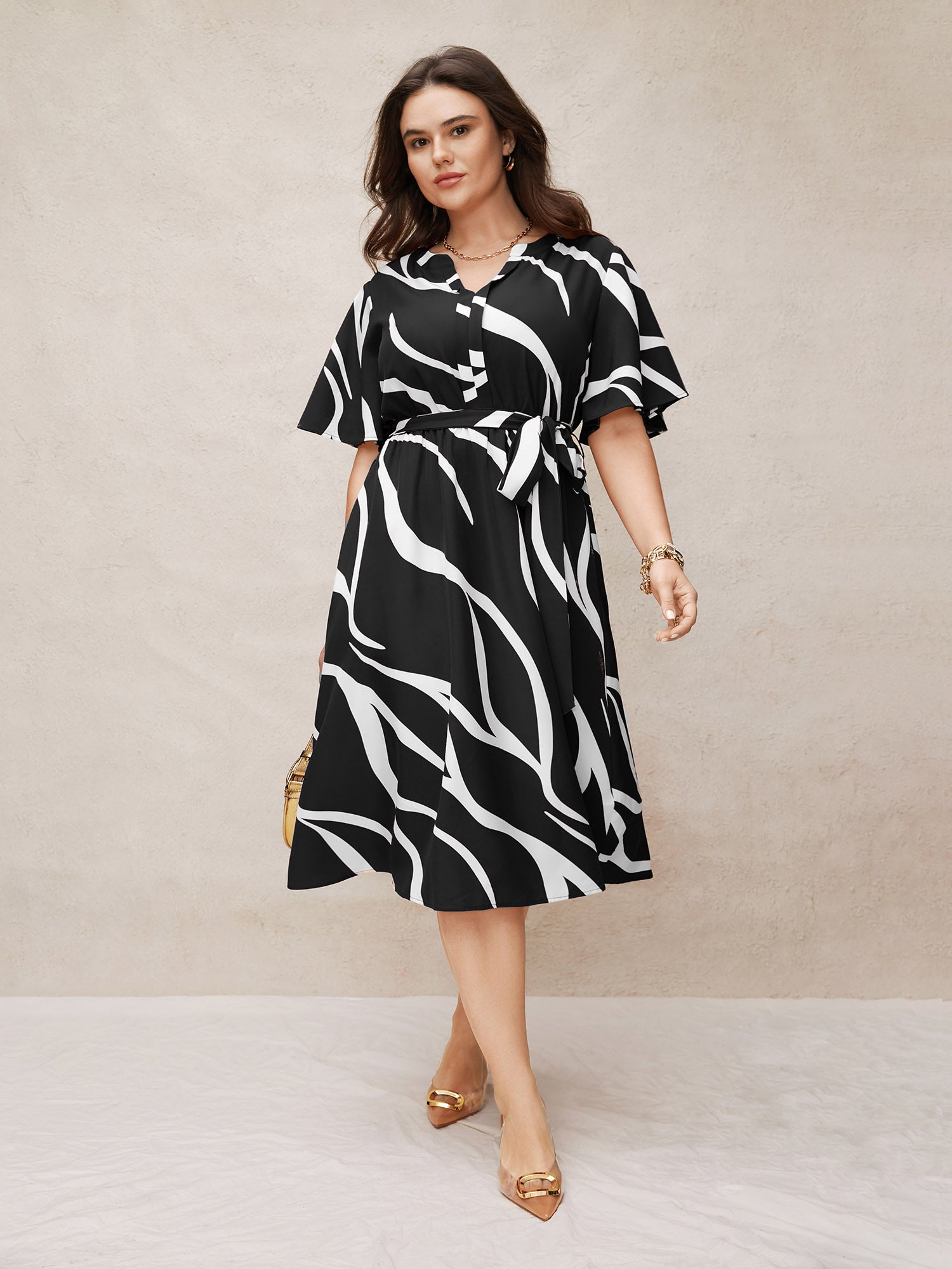 Geometric Surplice Neck Tie Knot Midi Dress