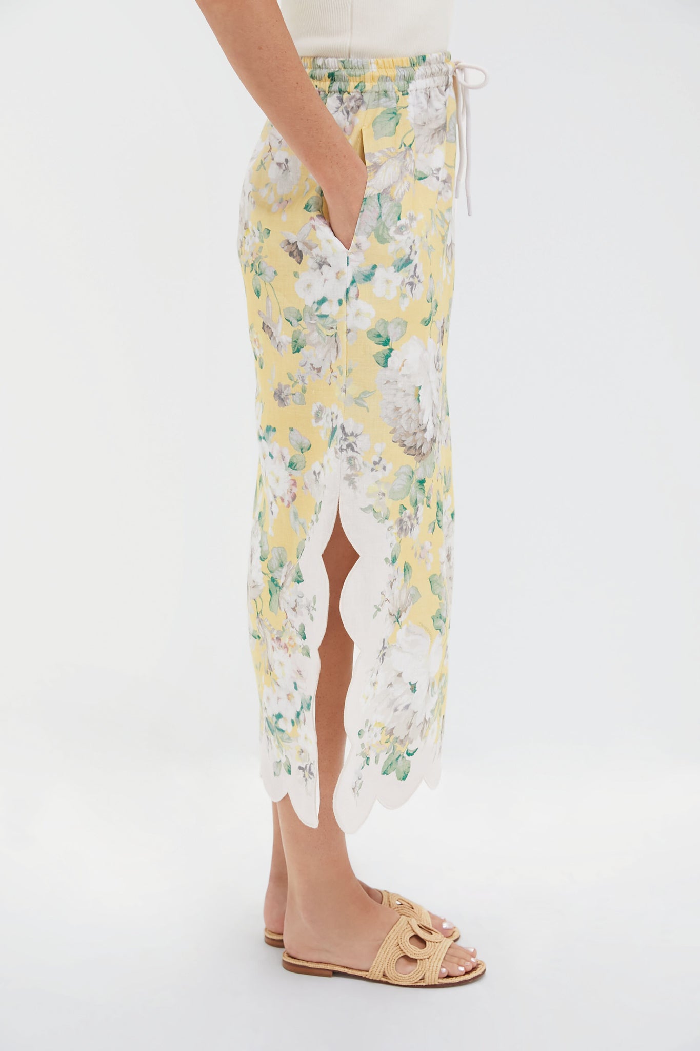 Yellow Floral Acacia Scallop Midi Skirt