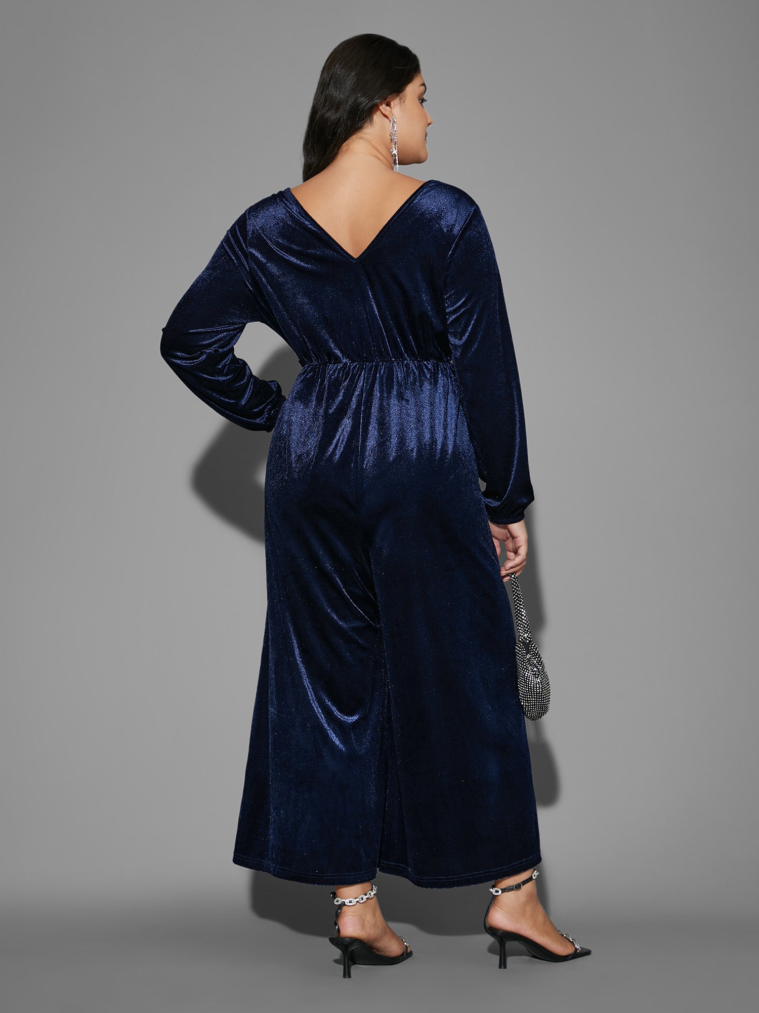 Plain Velvet Overlap Collar Jumpsuit