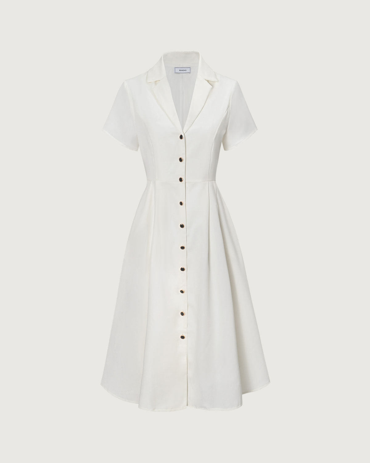 The White Lapel Short Sleeve Button-up Midi Dress
