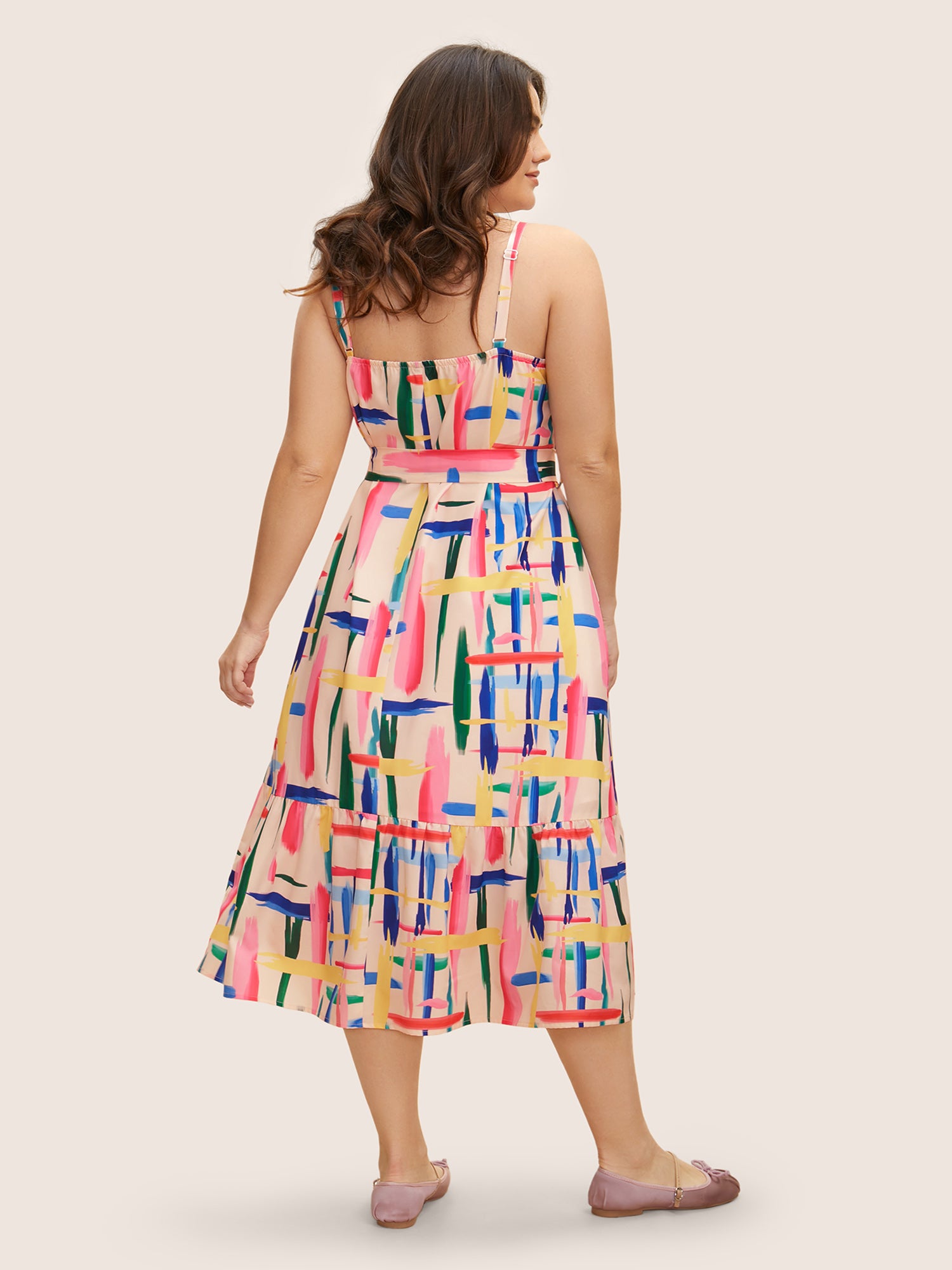 Colored Brush Print Belted Midi Cami Dress