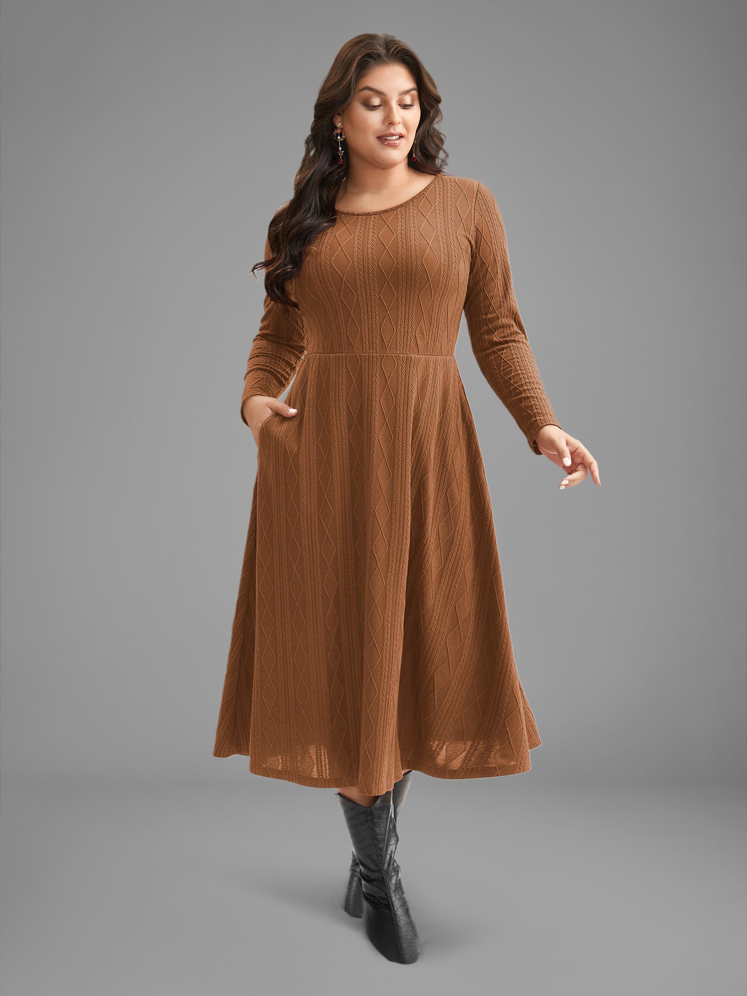 Textured Knit Fit-And-Flare Midi Dress