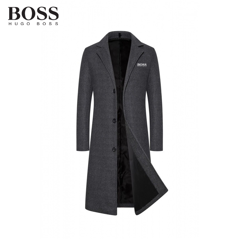 BOSS Men-s Trench Coat Long Wool Solid Color Thick Coat