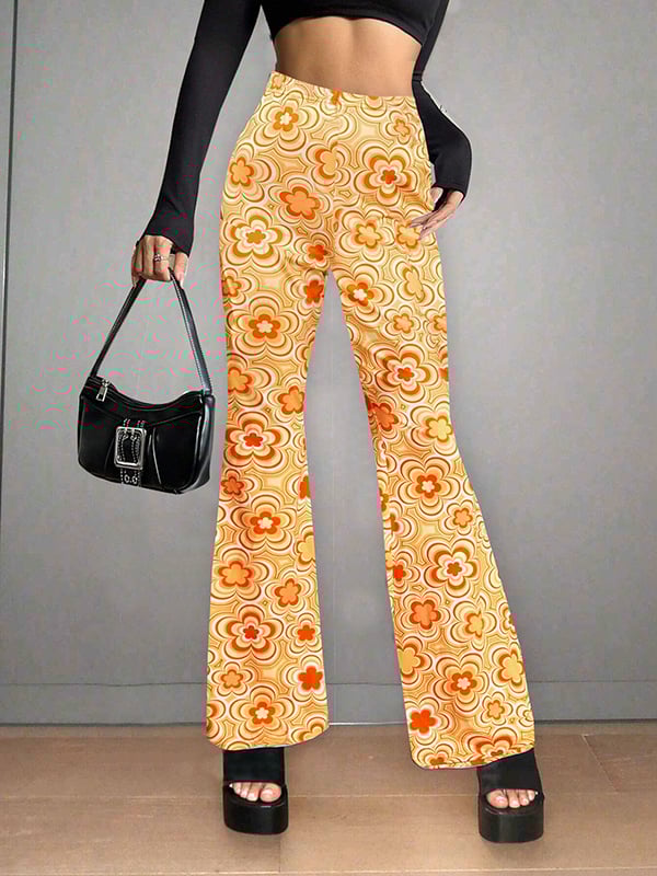 High Waisted Loose Flower Print Split-Joint Flared Trousers Pants