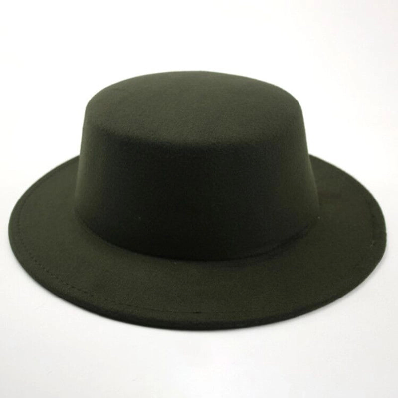 Retro Pure Black Flat Top Hat Couple Men And Women Gentleman's Hat Spring And Autumn Performance Big Brimmed Woolen Warm Hat