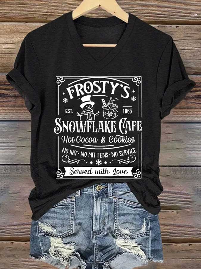 Women's Frosty Snowflake Cafe Hot Cocoa And Cookies Christmas Print T-Shirt