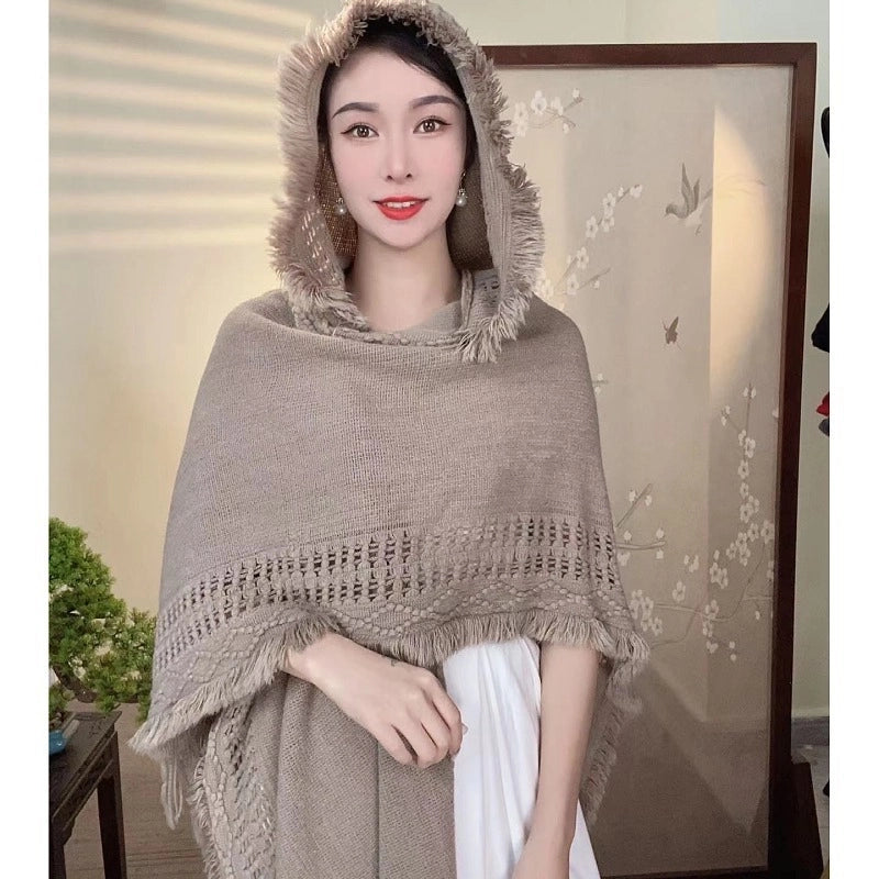 Travel Hooded Knitted Shawl Women's Ethnic Style Shawl Yunnan Lijiang Tibet Travel Photography New Cape Cape