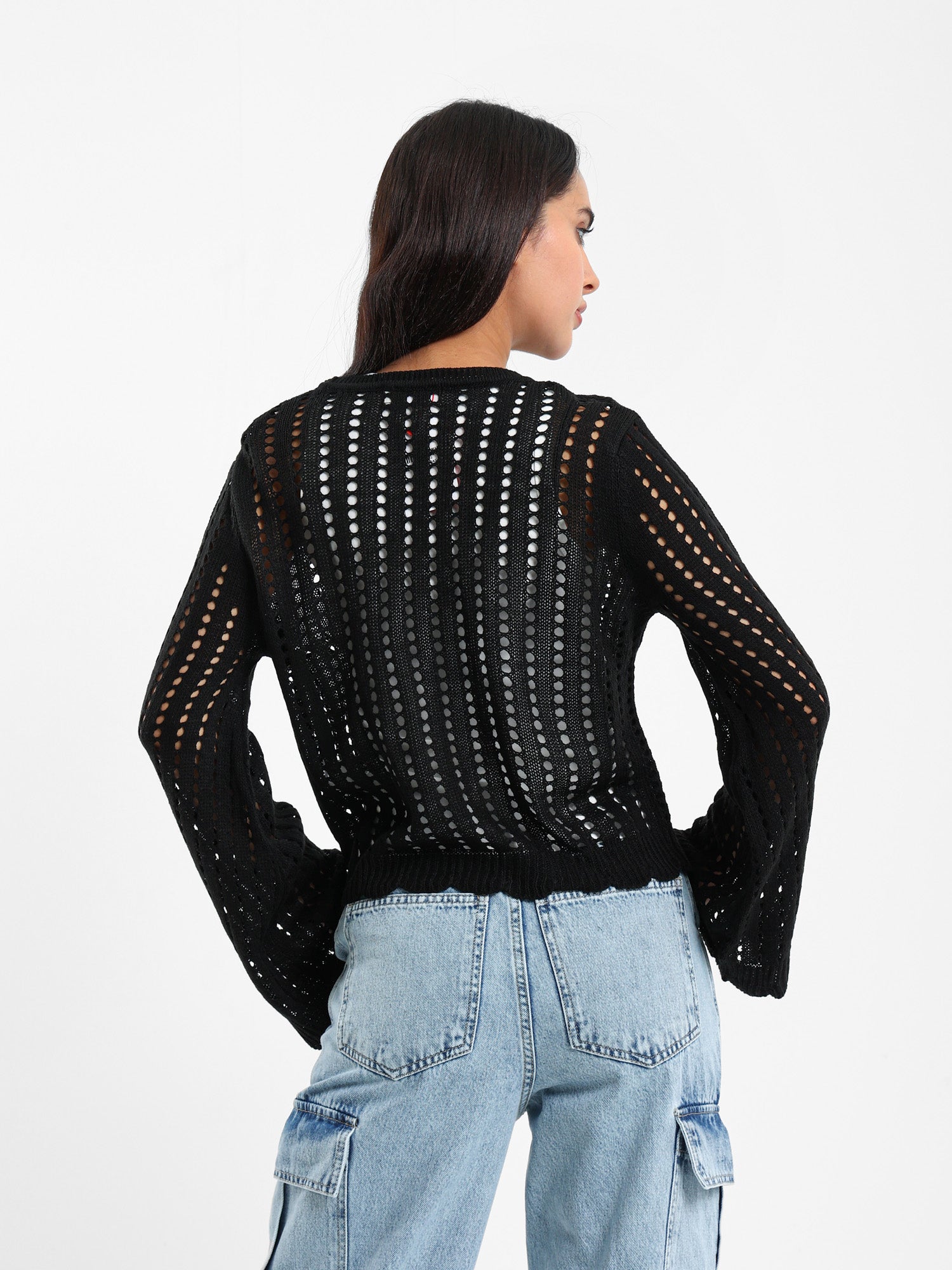 Cropped Openwork Tie-Front Cardigan