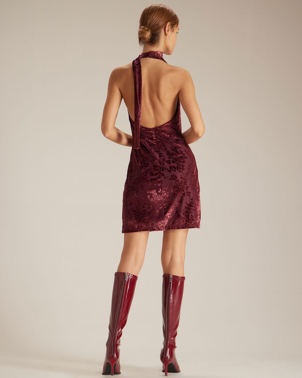 The Wine Red Halter Floral Burnout Mini Dress