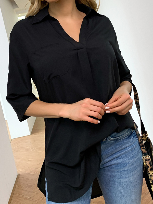 Half Sleeves Loose Pleated Solid Color Split-Joint Split-Side Lapel Blouses&Shirts Tops