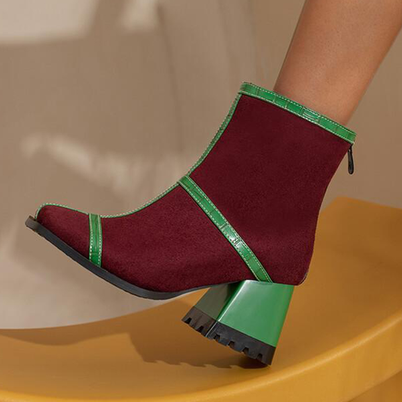 Contrast Binding Square Toe Chunky Heels Ankle Boots