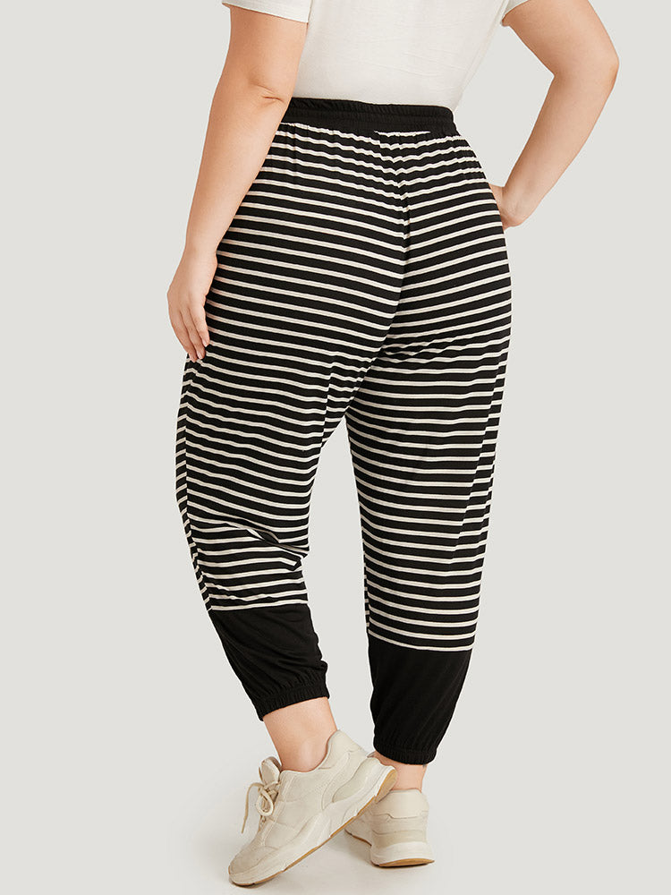 Striped Patchwork Elastic Waist Pocket Ties Sweatpants