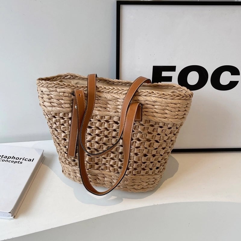 Women's Large Straw Solid Color Vacation Beach Zipper Straw Bag