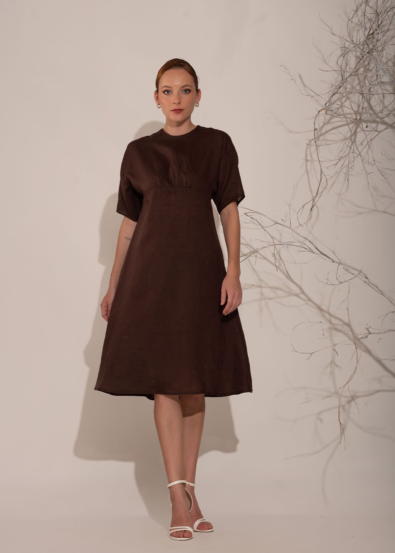 Round Neck Dress With Front Gathers