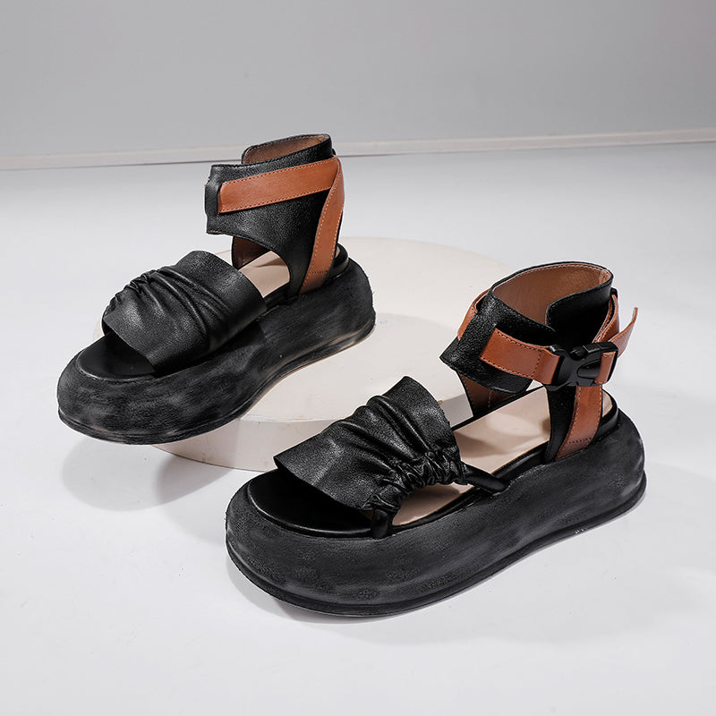 Fashion Peep Toe 65mm Platform Cowhide Slingback Sandals for Women with Buckle in Green/Black