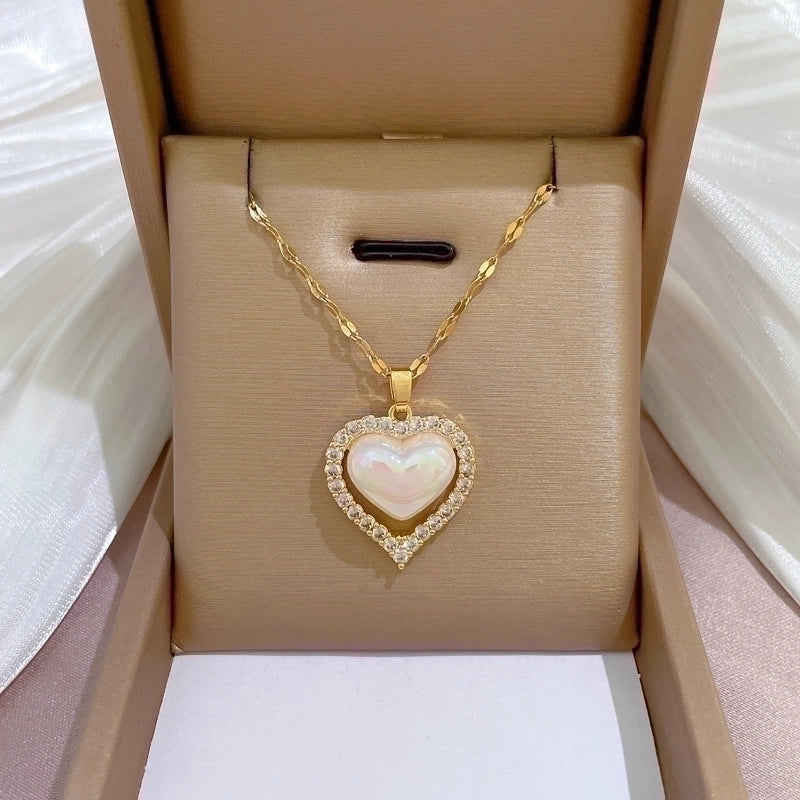 2 Pieces Minimalist Classic Style Geometric Heart Shape Titanium Steel Copper Zircon Pendant Necklace In Bulk