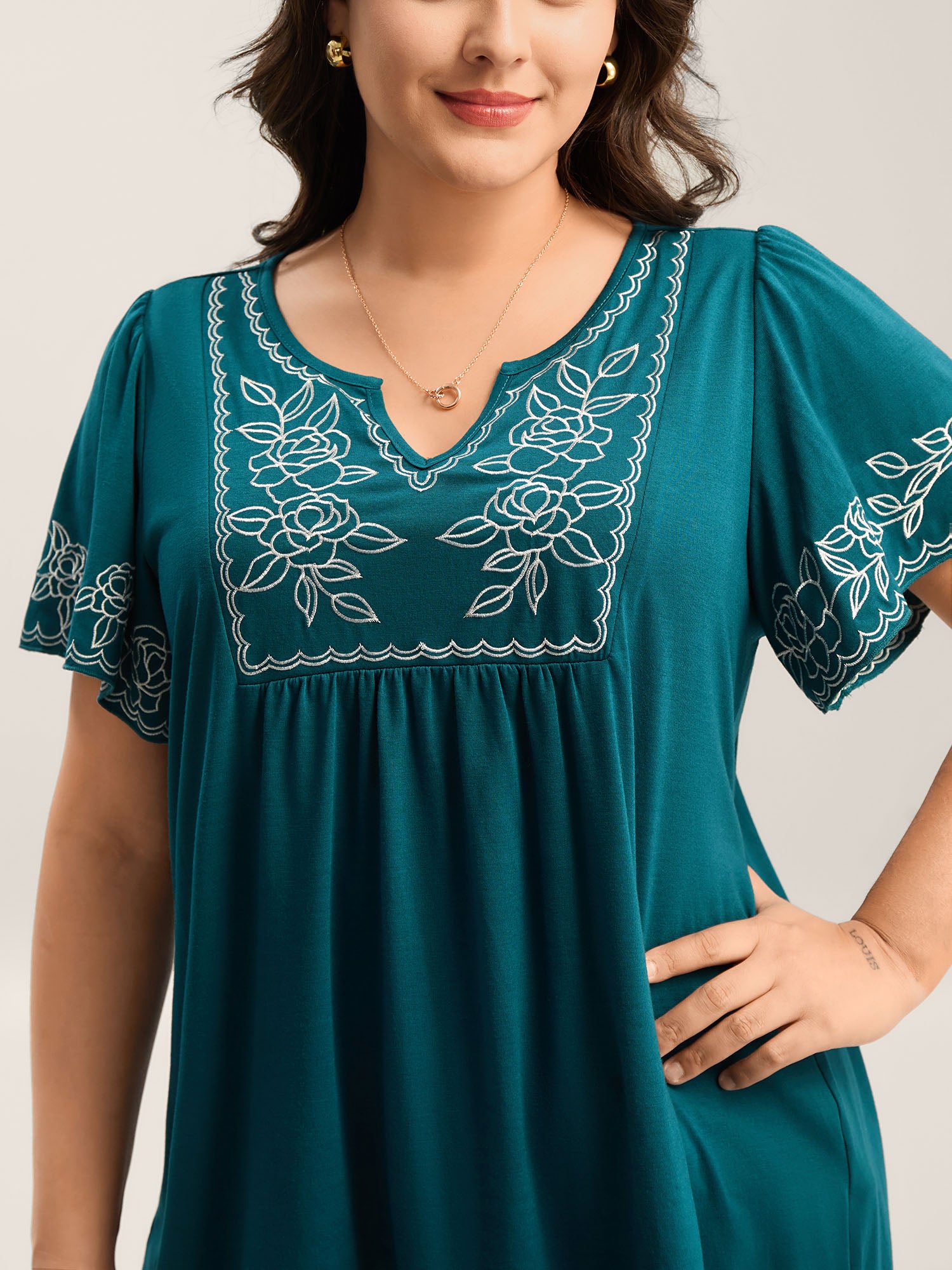 Floral Embroidery Split Neck Flowy Top