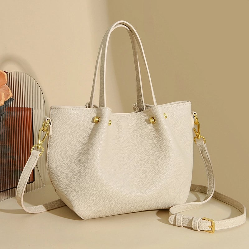 Women's Pu Leather Solid Color Basic Sewing Thread Bucket Zipper Shoulder Bag Handbag Crossbody Bag