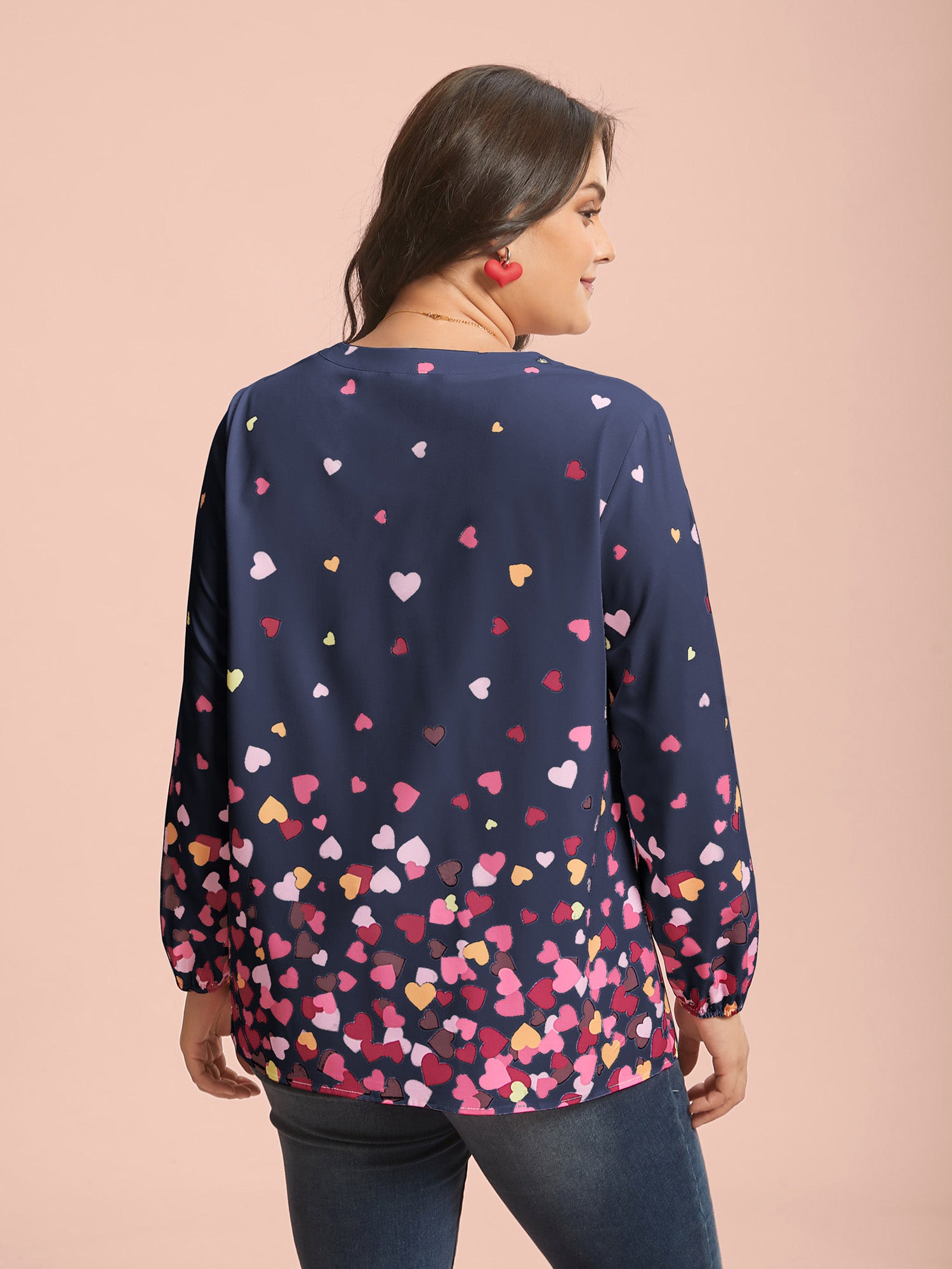 Notched Collar Multi-Color Hearts Blouse