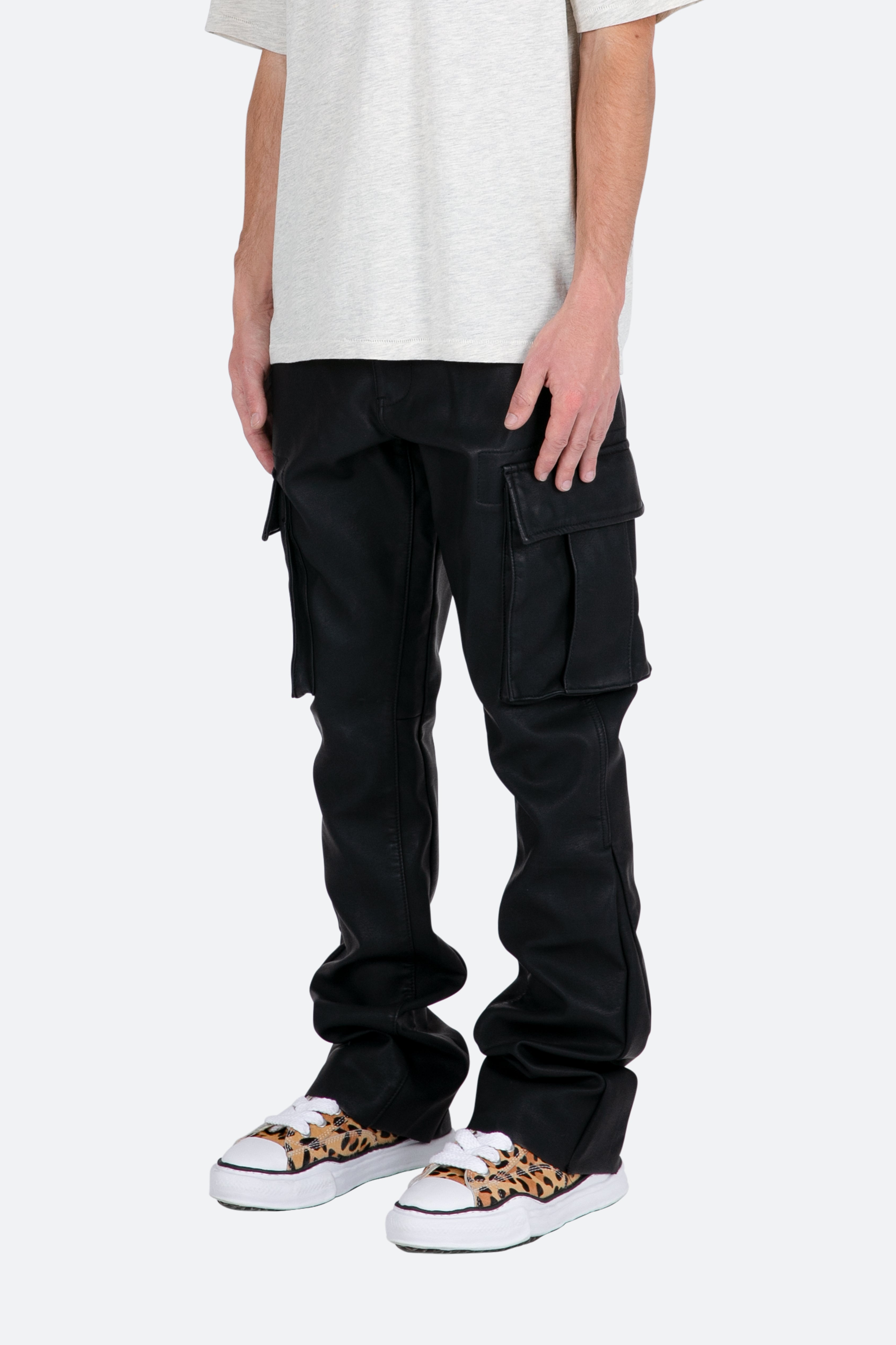 B449 Leather Cargo Flare Pants - Black