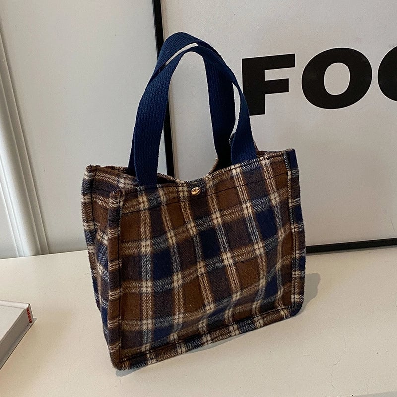 Women's Large Woolen Lattice Elegant Streetwear Square Open Tote Bag