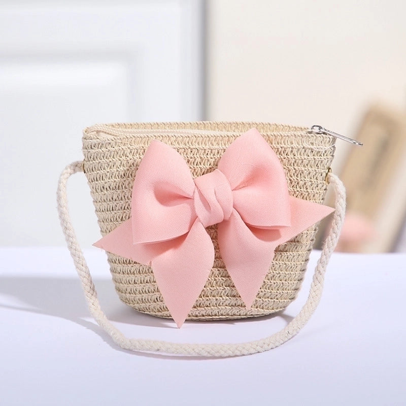 Women's Mini Straw Flower Bow Knot Fashion Bucket Zipper Shoulder Bag Handbag Crossbody Bag