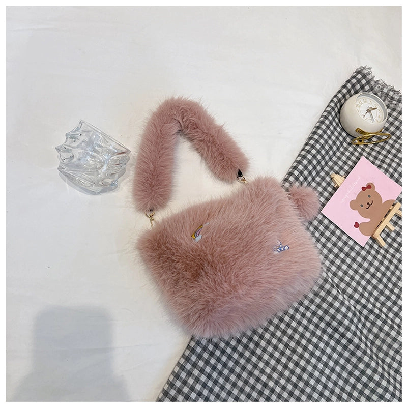 Women's Medium Plush Solid Color Vacation Classic Style Plush Chain Square Zipper Shoulder Bag