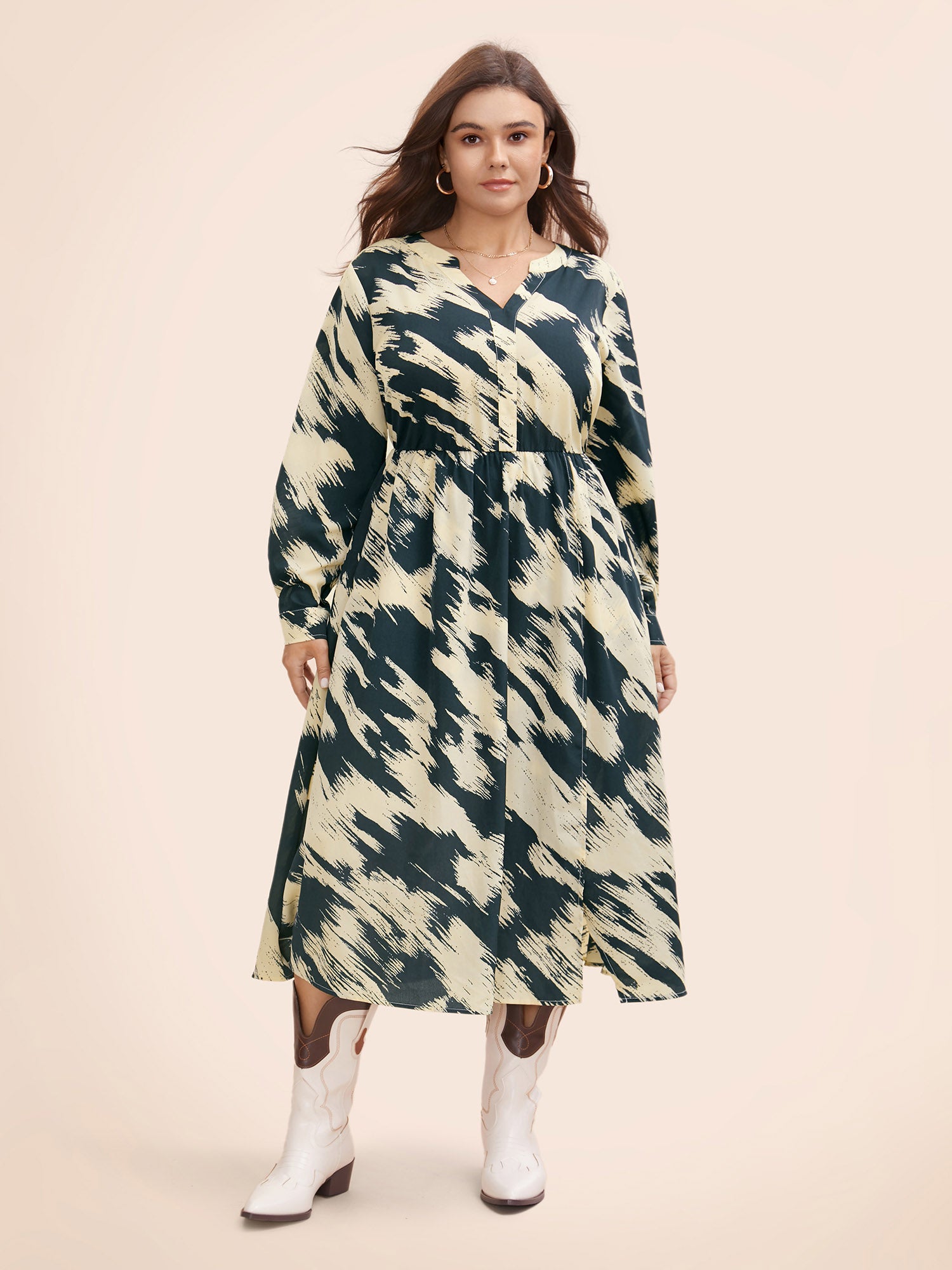 Brush Print Notched Collar Midi Dress