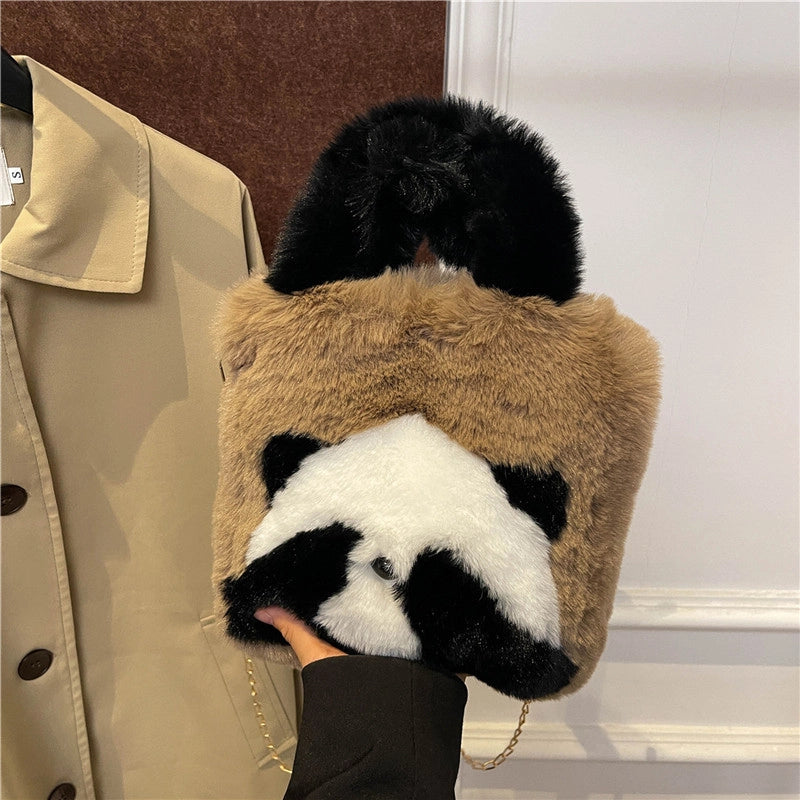 Women's Plush Animal Color Block Cute Streetwear Square Zipper Shoulder Bag Crossbody Bag