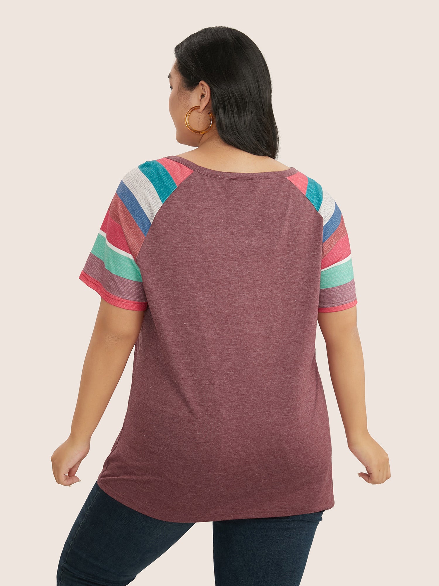 Striped Contrast Raglan Sleeve Round Neck T-shirt