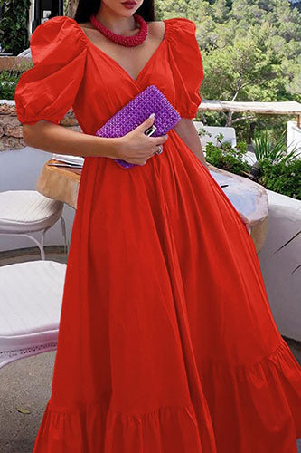 Vintage V-neck Swing Sundress Puff Sleeve Party Maxi Dress