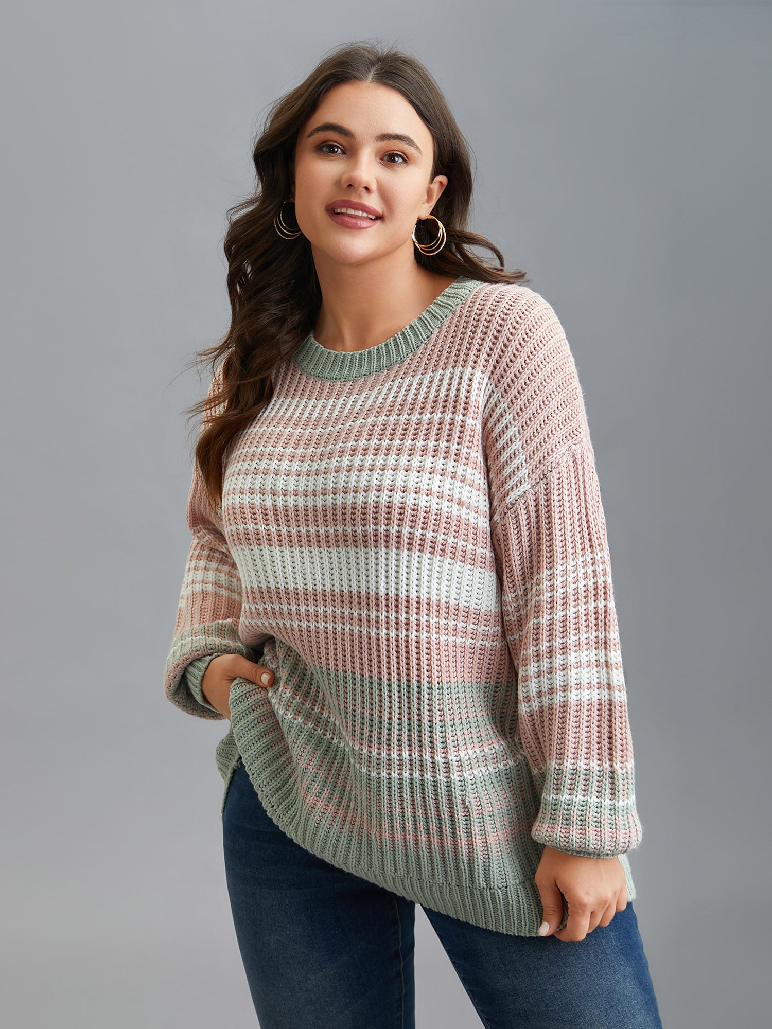 Striped Contrast Colors Ribbed Pullover