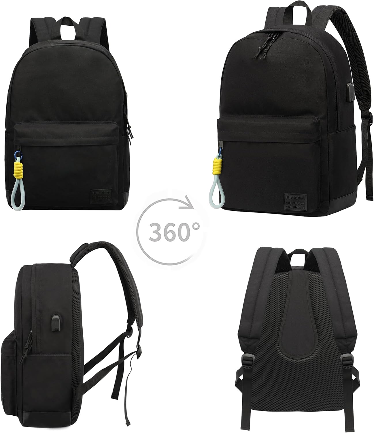 SUPACOOL Casual Laptop Backpack for Men and Women, School Backpack for Boys and Girls, College Bookbag, USB Charging Port, Lightweight Back Pack(Black)