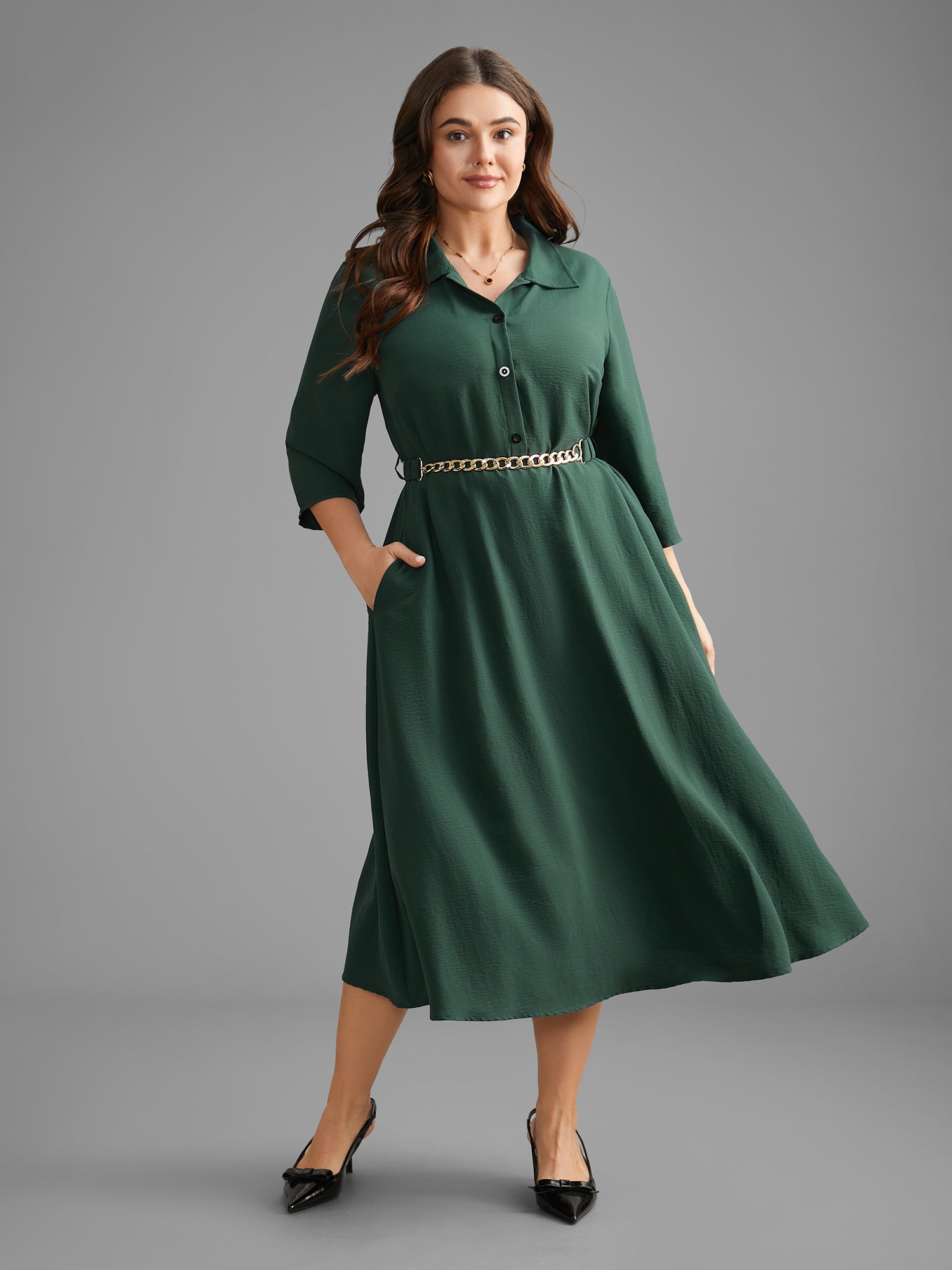 Shirt Collar Button Up Metal Chain Detail Dress