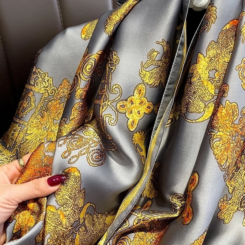 Retro Gilt Printing Classic Simulation Silk Brocade Large Long Scarf Shawl