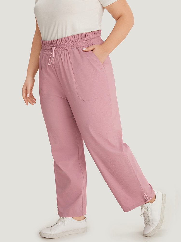 Plain Paperbag Waist Drawstring Hem Slant Pocket Pants