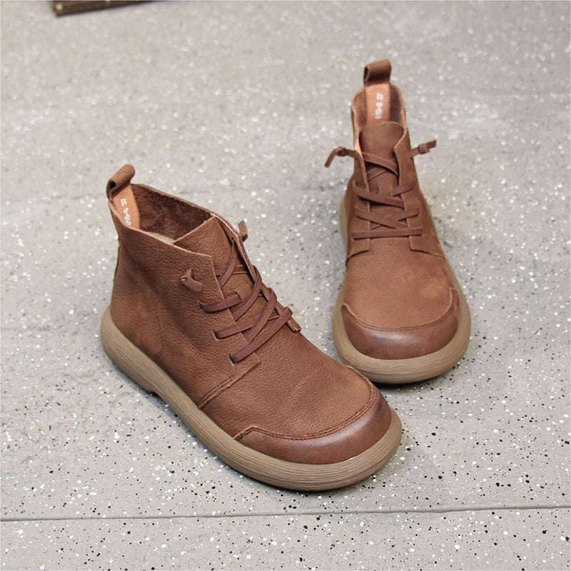 Handmade Retro Leather Ankle Boots For Women in Coffee/Gray